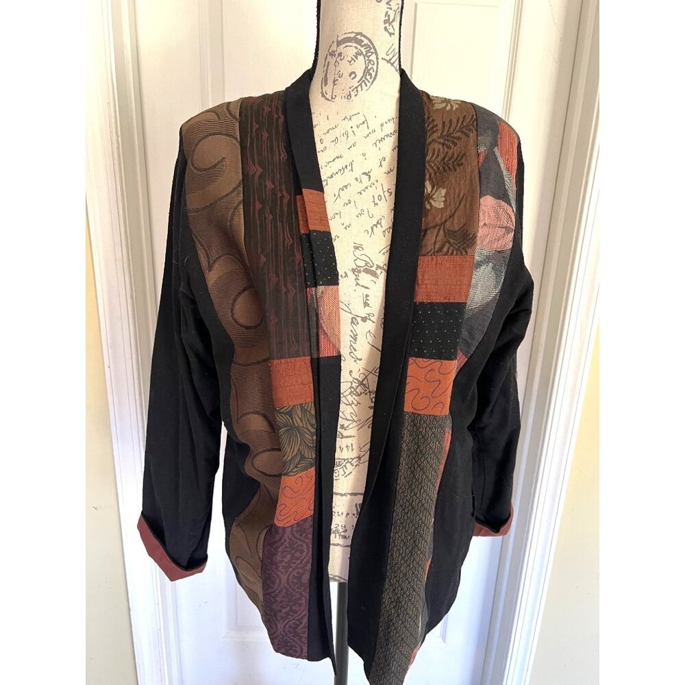 Anna Brown Open Blazer Jacket Patchwork Quilt Art… - image 1